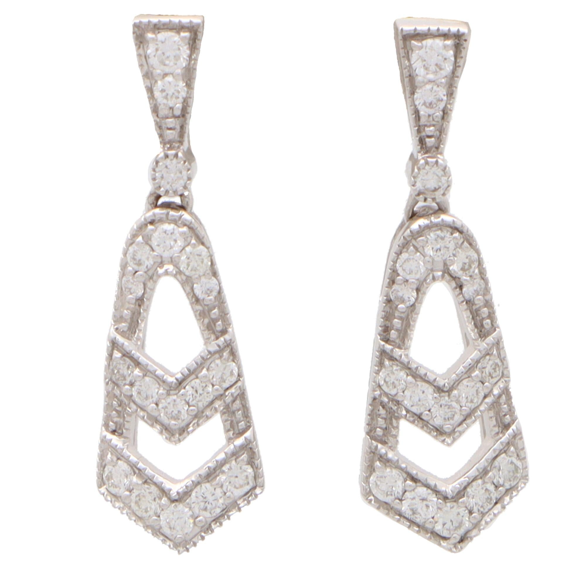 Round Cut Art Deco Inspired Diamond Drop Earrings Set in 18k in White Gold For Sale