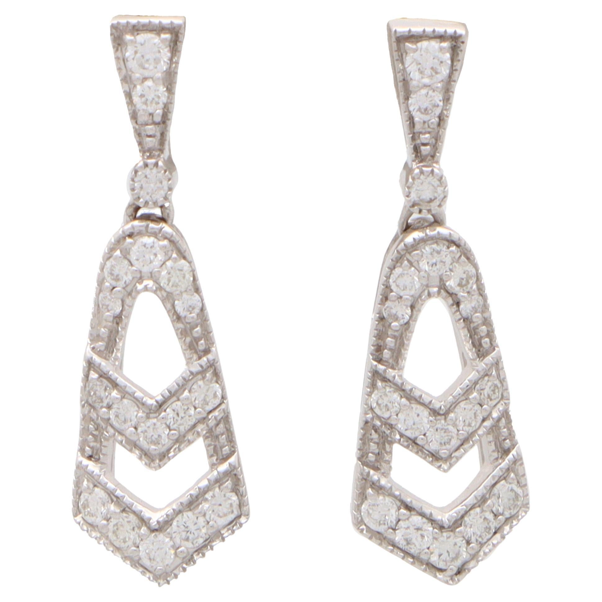Art Deco Inspired Diamond Drop Earrings Set in 18k in White Gold For Sale