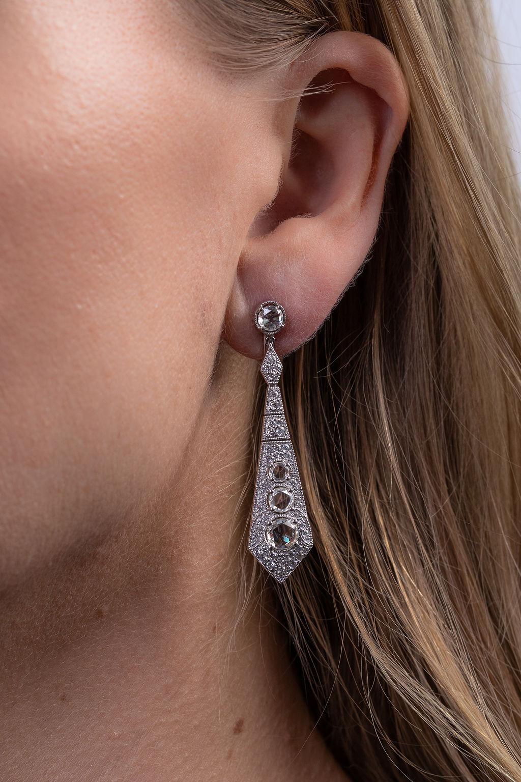 Rose Cut Art Deco Inspired Diamond Earrings For Sale