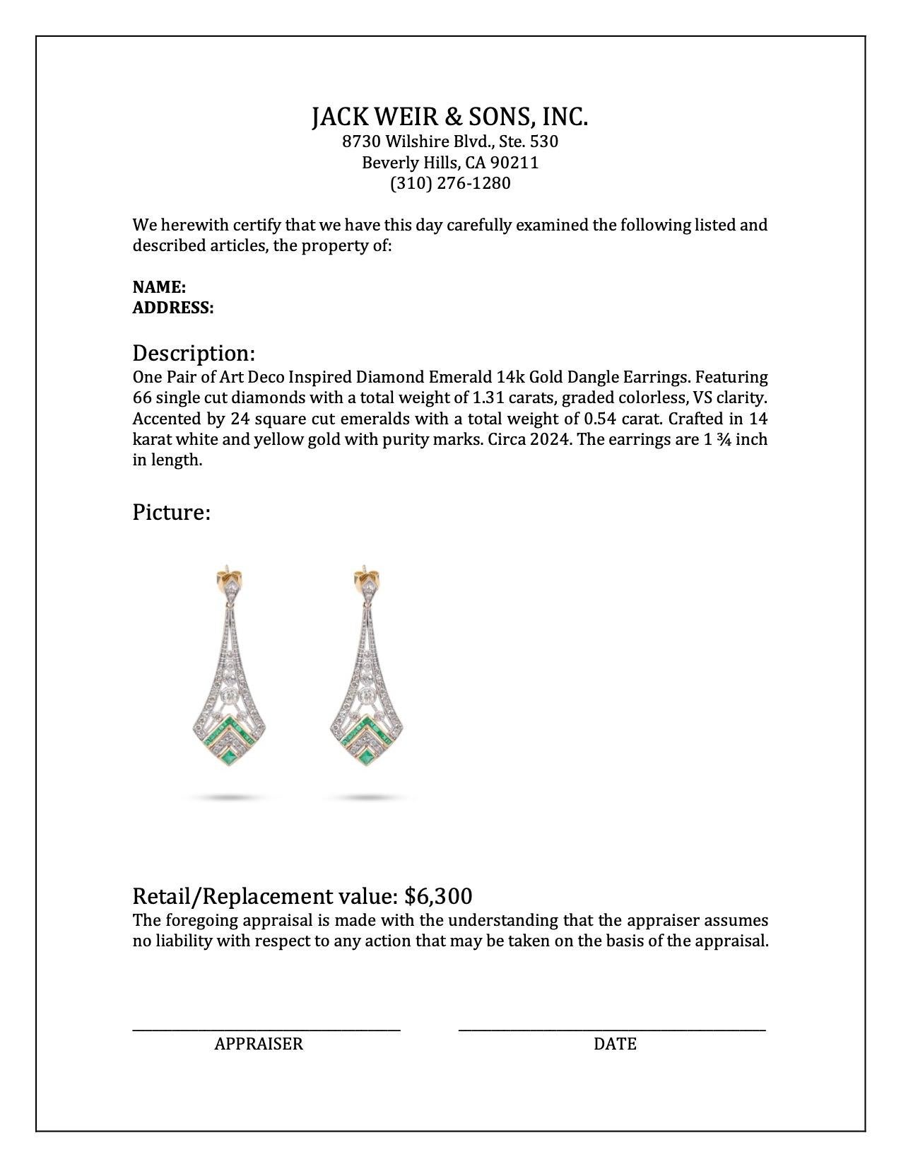 Art Deco Inspired Diamond Emerald 14k Gold Dangle Earrings For Sale 1