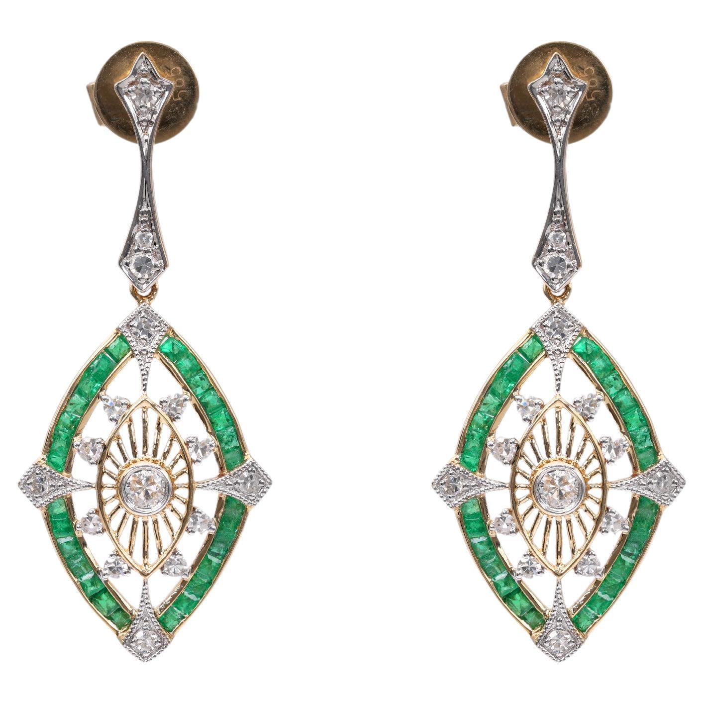 Art Deco Inspired Diamond Emerald 14k Gold Dangle Earrings