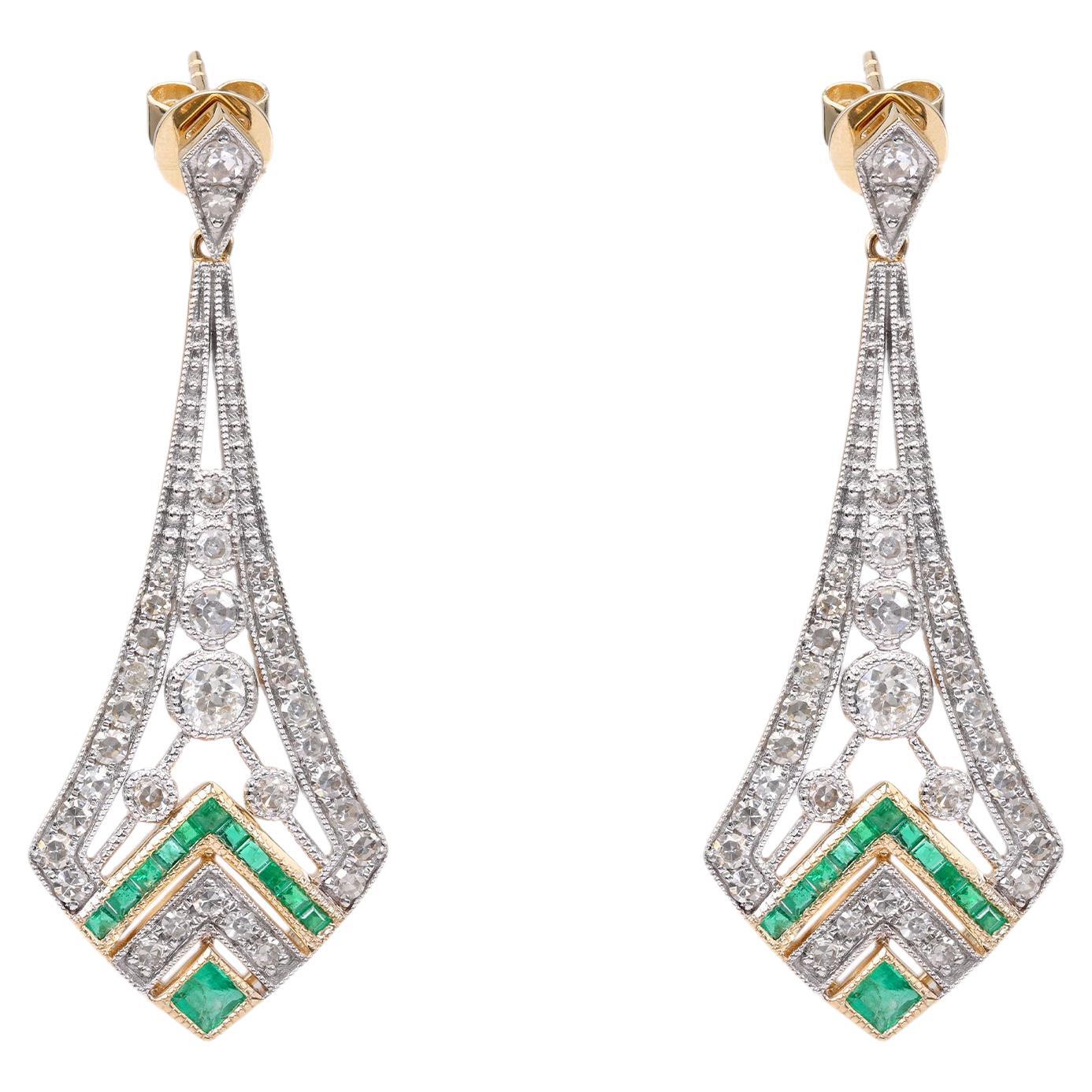Art Deco Inspired Diamond Emerald 14k Gold Dangle Earrings For Sale