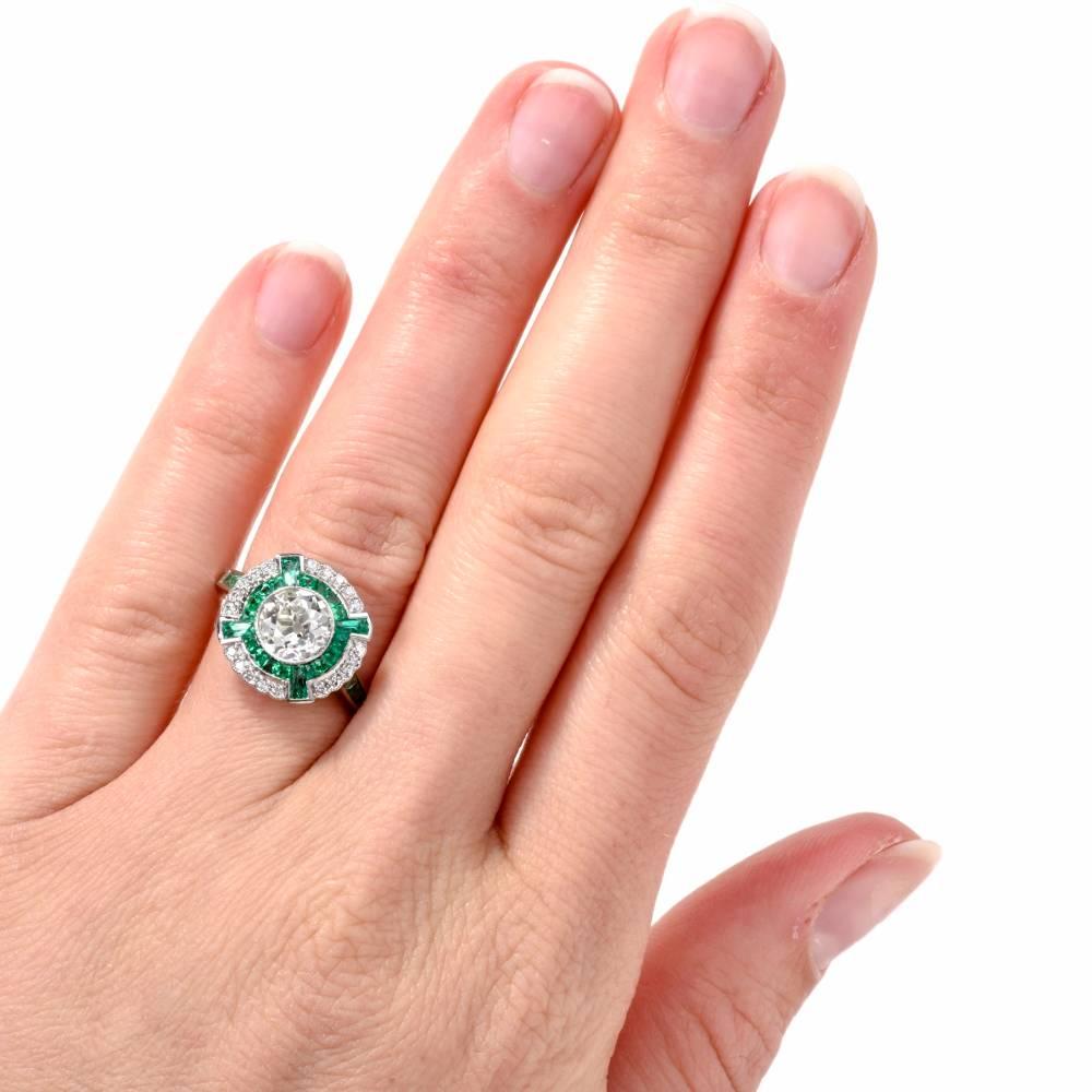 Art Deco Diamond Emerald Platinum Engagement Ring