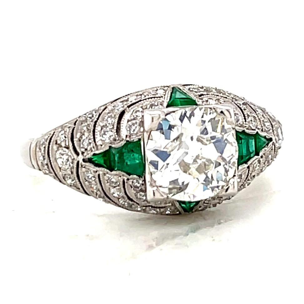 Old European Cut Art Deco Inspired Diamond Emerald Platinum Engagement Ring