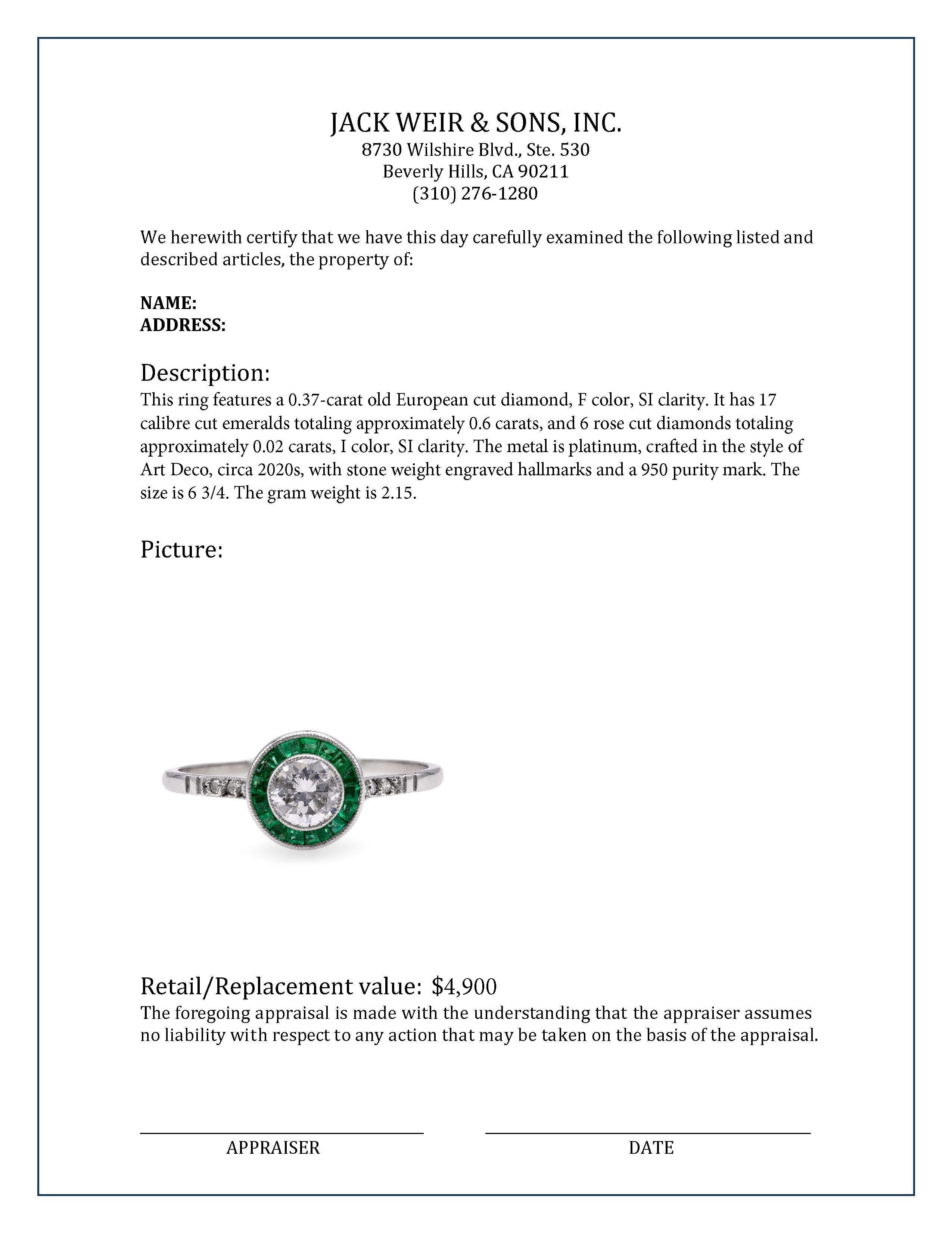 Old European Cut Art Deco Inspired Diamond Emerald Platinum Engagement Ring For Sale