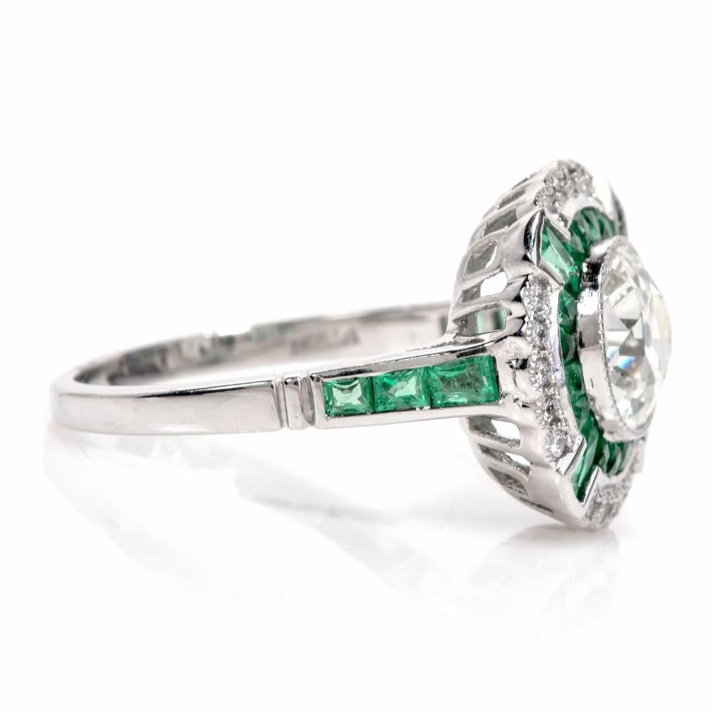 Diamond Emerald Platinum Engagement Ring In Excellent Condition In Miami, FL