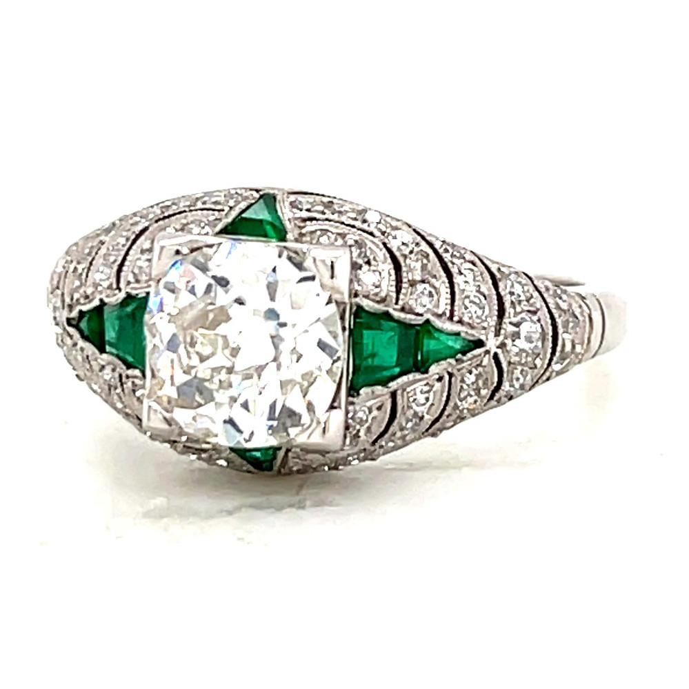 Art Deco Inspired Diamond Emerald Platinum Engagement Ring In New Condition In Beverly Hills, CA