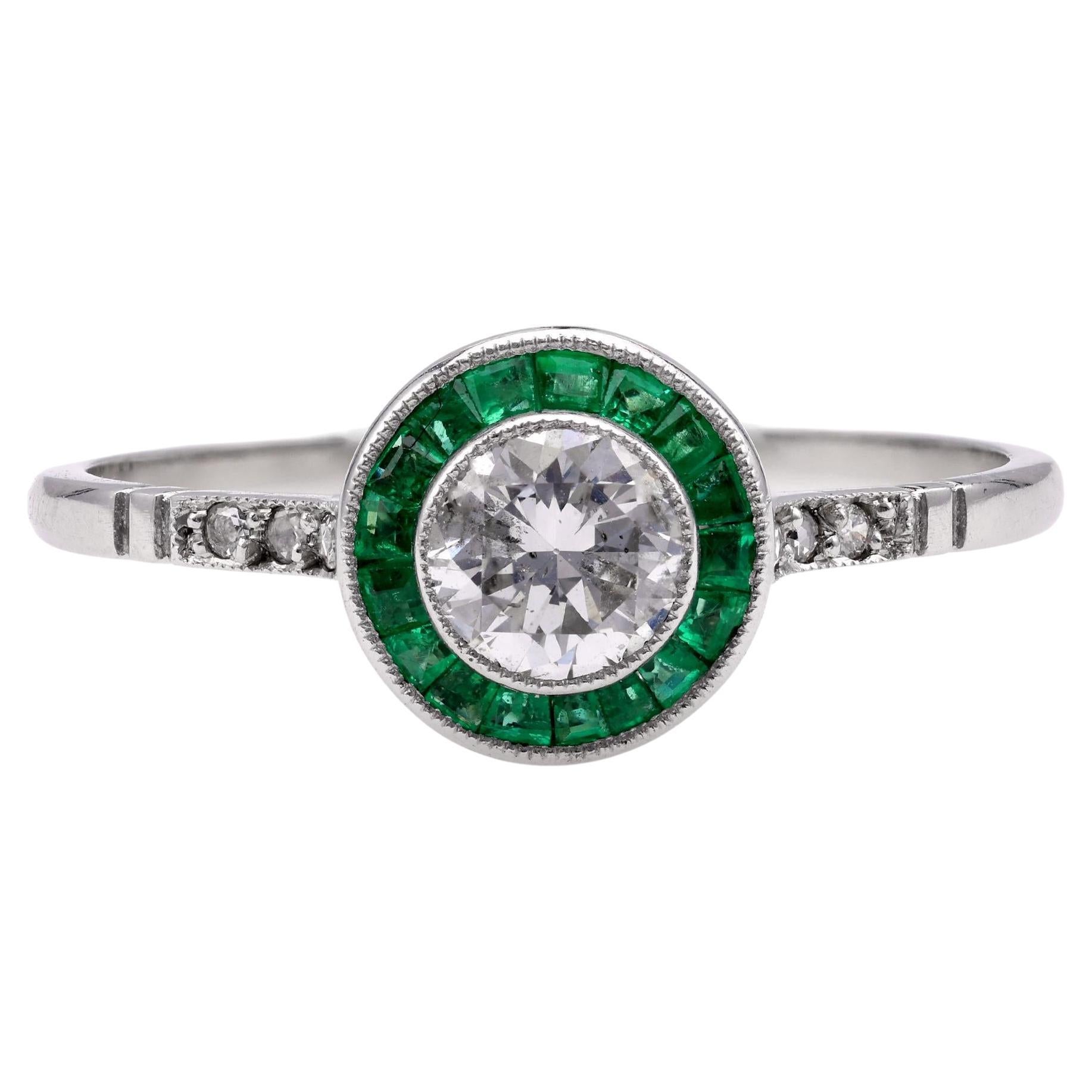 Art Deco Inspired Diamond Emerald Platinum Engagement Ring
