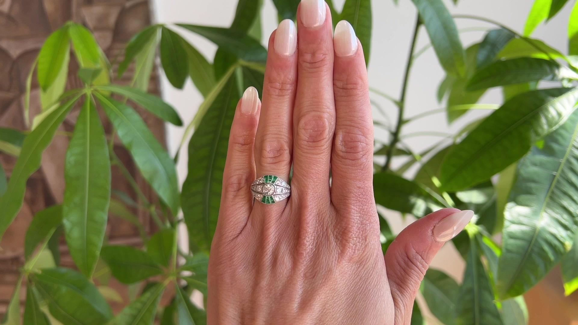 Round Cut Art Deco Inspired Diamond Emerald Platinum Filigree Ring For Sale