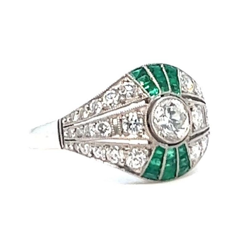 Women's or Men's Art Deco Inspired Diamond Emerald Platinum Filigree Ring For Sale