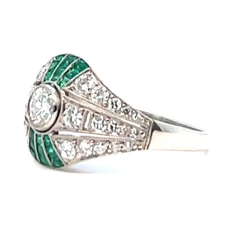 Art Deco Inspired Diamond Emerald Platinum Filigree Ring For Sale 1