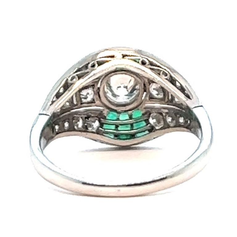 Art Deco Inspired Diamond Emerald Platinum Filigree Ring For Sale 2