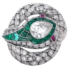 Art Deco Inspired Diamond Emerald Platinum Snake Ring