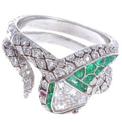 Art Deco Inspired Diamond Emerald Ruby Snake Platinum Ring