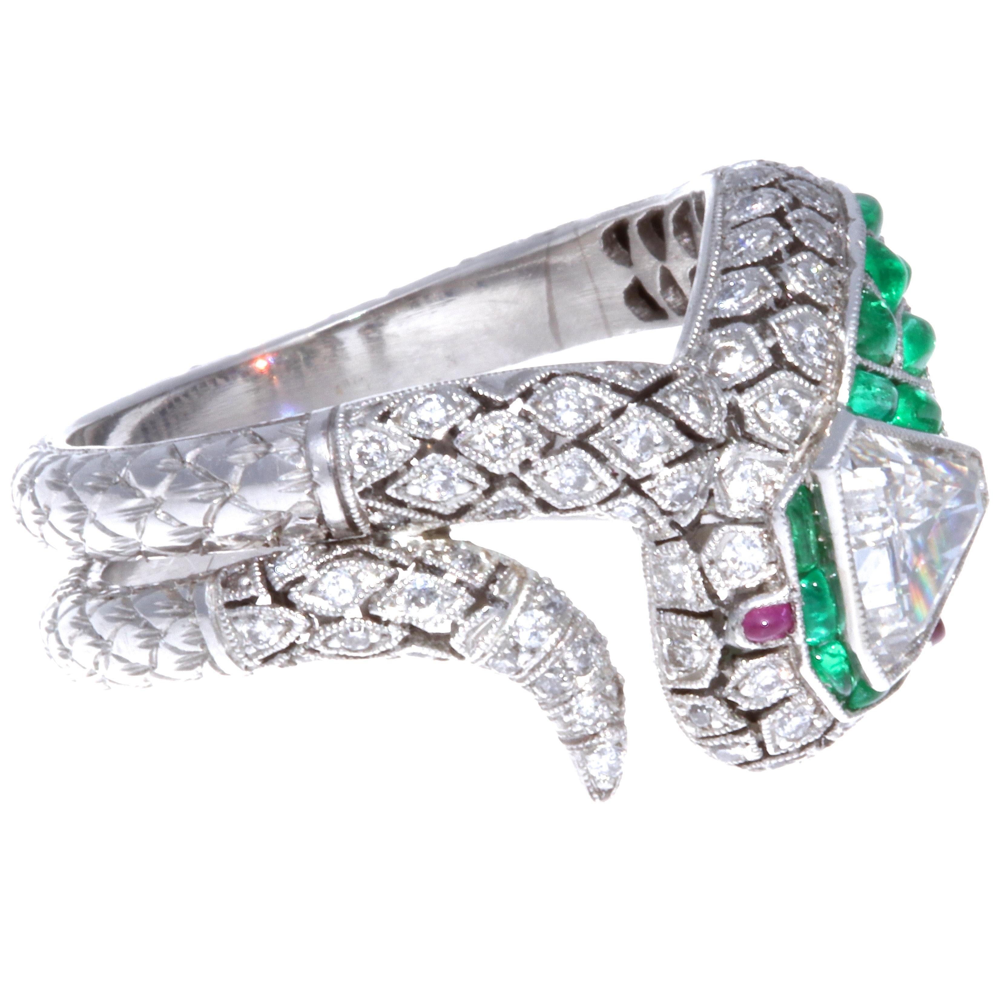 Trillion Cut Art Deco Inspired Diamond Emerald Ruby Snake Platinum Ring