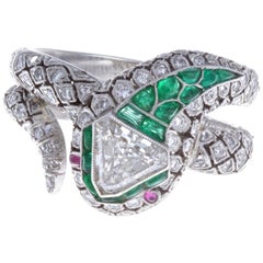 Art Deco Inspired Diamond Emerald Ruby Snake Platinum Ring