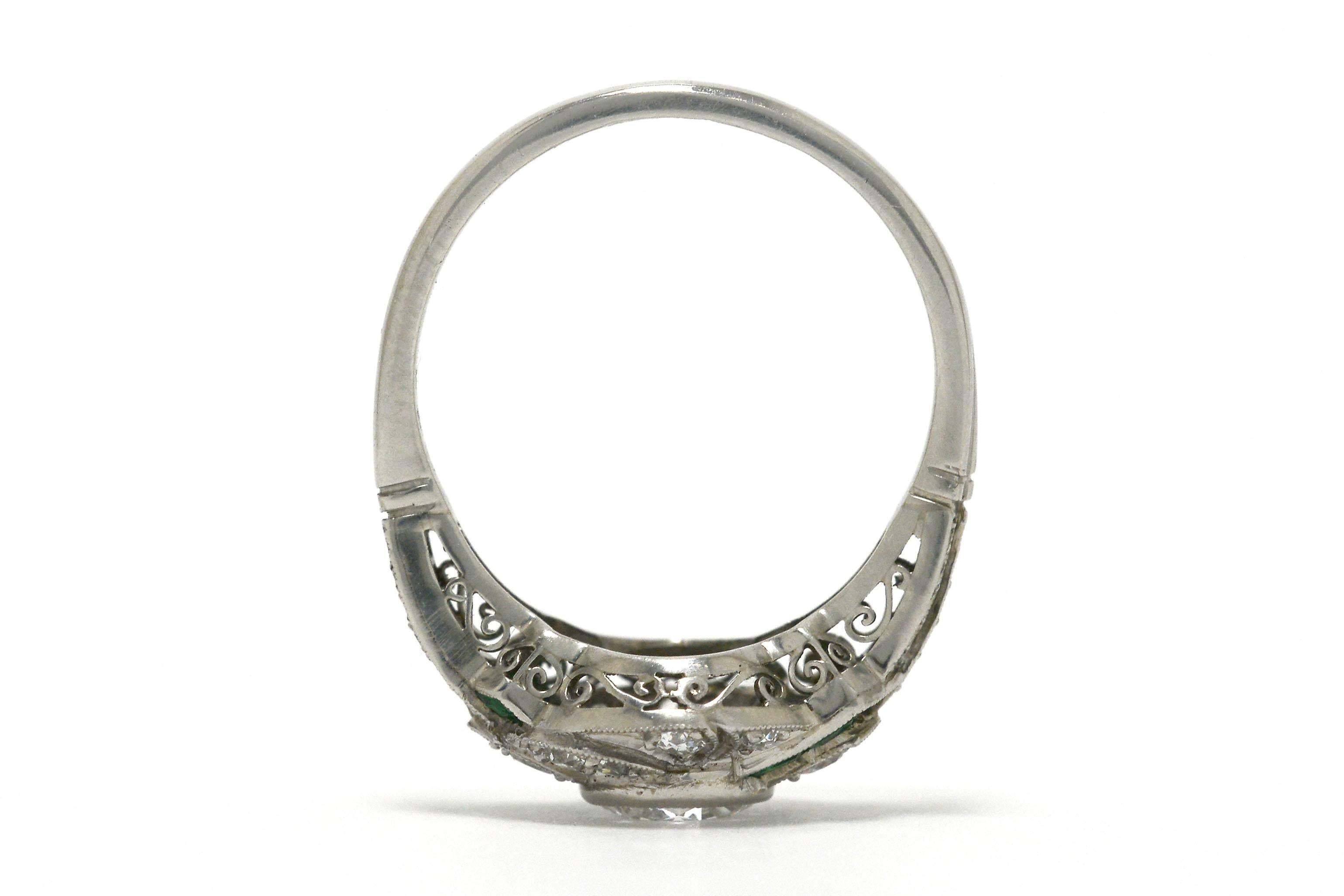 Round Cut Art Deco Inspired Diamond Engagement Ring Emerald Accents Geometric Platinum