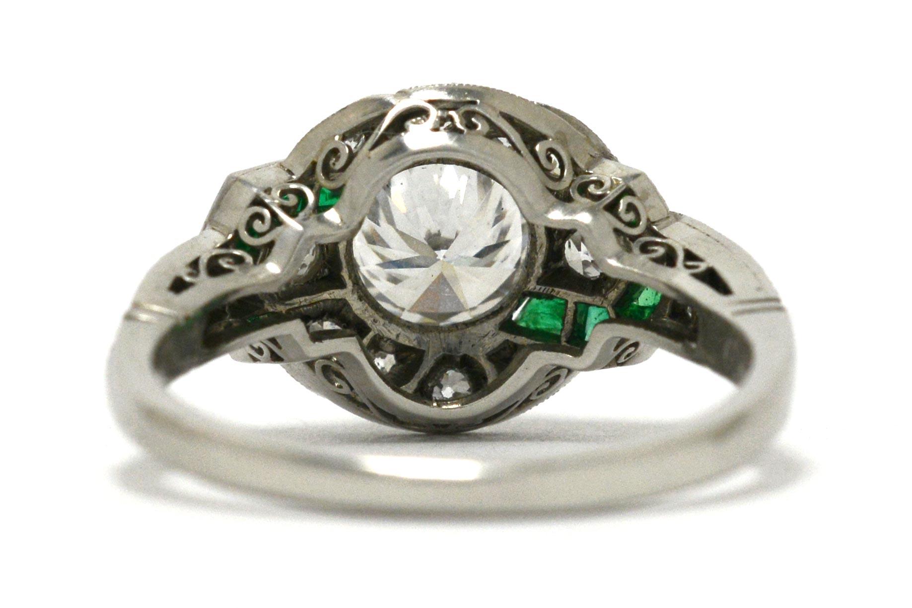 Art Deco Inspired Diamond Engagement Ring Emerald Accents Geometric Platinum In New Condition In Santa Barbara, CA