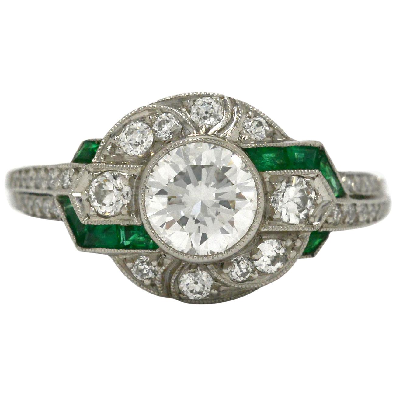 Art Deco Inspired Diamond Engagement Ring Emerald Accents Geometric Platinum