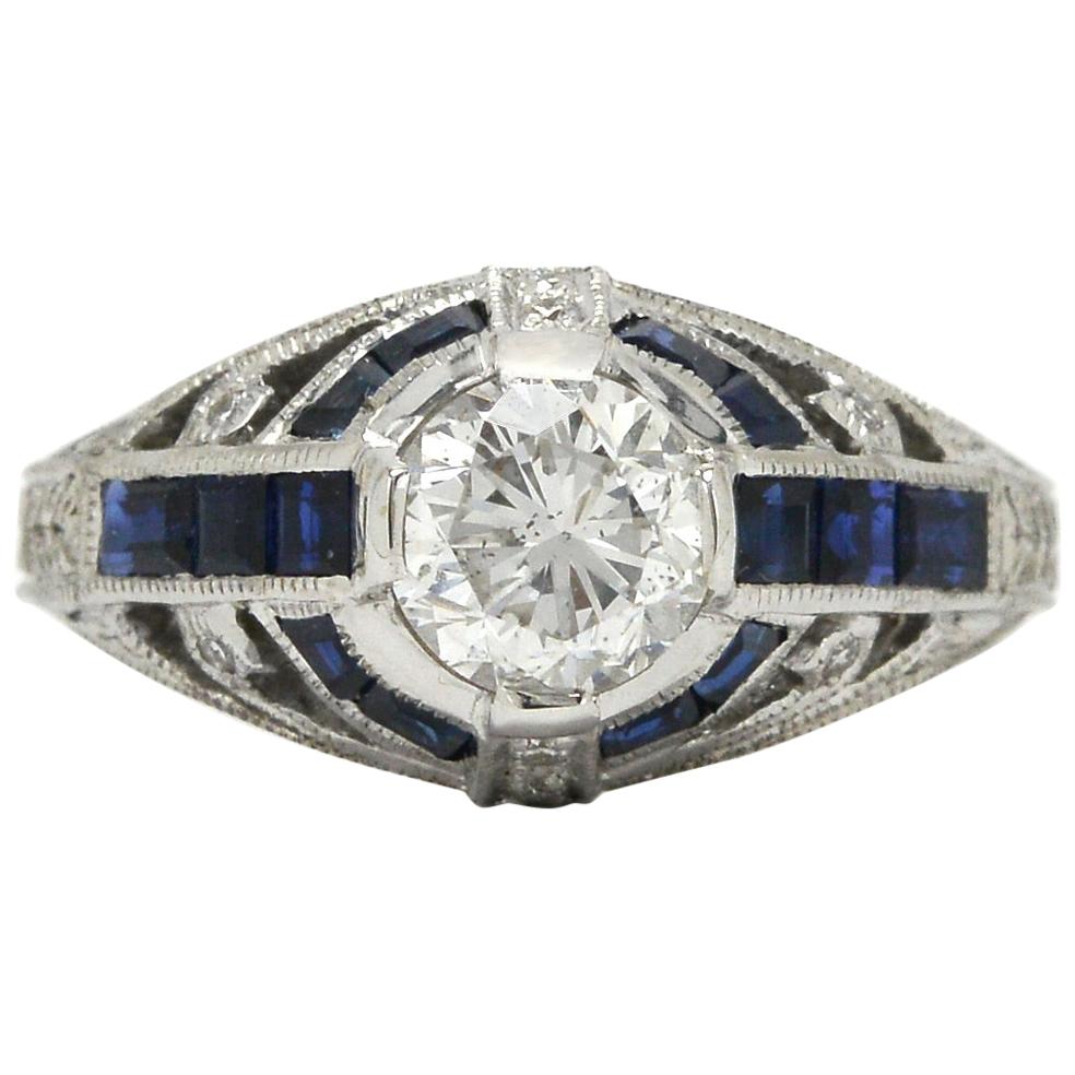 Art Deco Style 1 Carat Diamond & Sapphire Engagement Ring