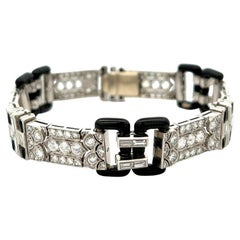 Art Deco Inspired Diamond Onyx Enamel Platinum Link Bracelet