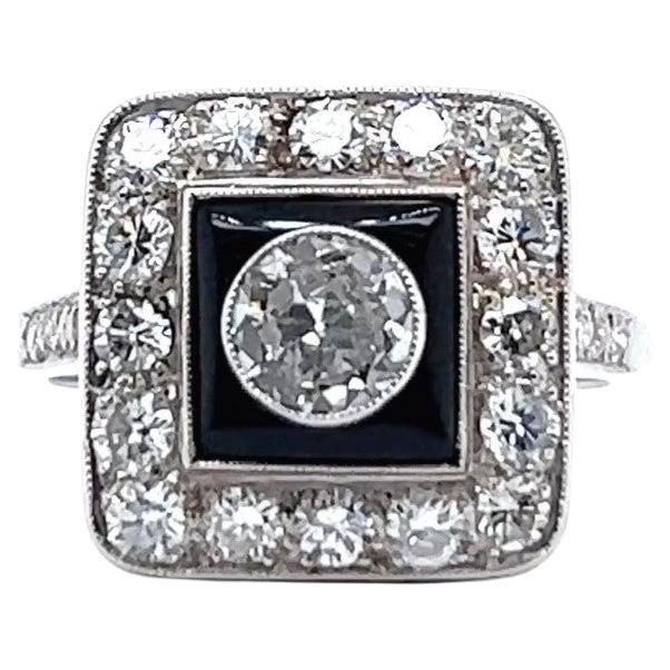 Old European Cut Art Deco Inspired Diamond Onyx Platinum Engagement Ring For Sale
