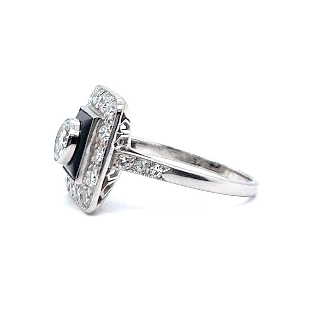 Women's or Men's Art Deco Inspired Diamond Onyx Platinum Engagement Ring For Sale