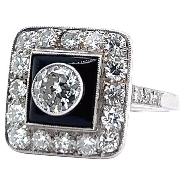 Art Deco Inspired Diamond Onyx Platinum Engagement Ring For Sale
