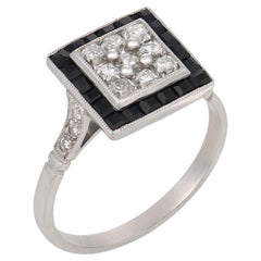 Art Deco inspired diamond onyx platinum square target ring