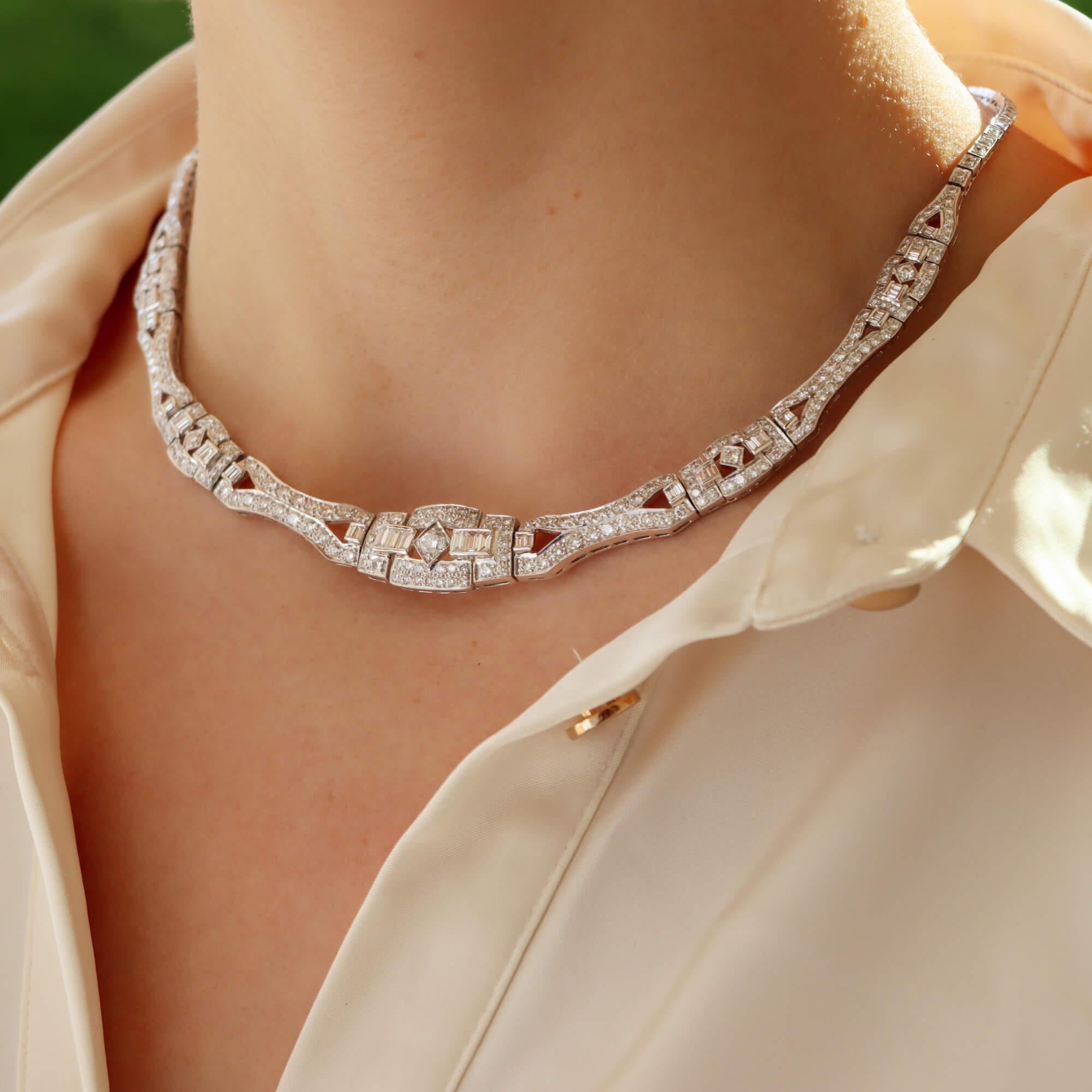 Round Cut Art Deco Inspired Diamond Panel Necklace Set in Platinum