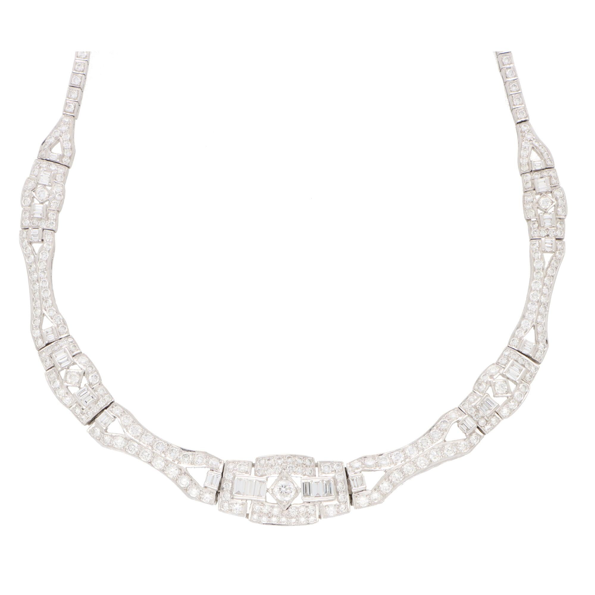 Women's or Men's Art Deco Inspired Diamond Panel Necklace Set in Platinum