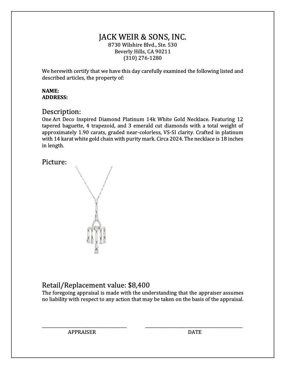 Art Deco Inspired Diamond Platinum 14k White Gold Necklace For Sale 1