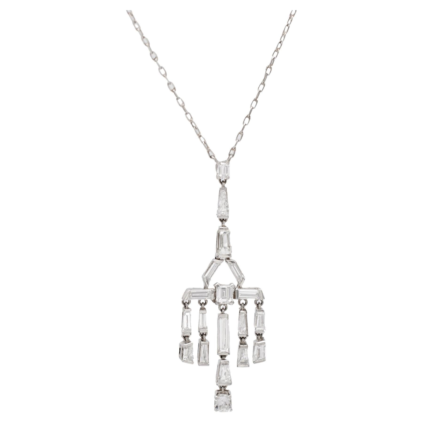 Art Deco Inspired Diamond Platinum 14k White Gold Necklace For Sale