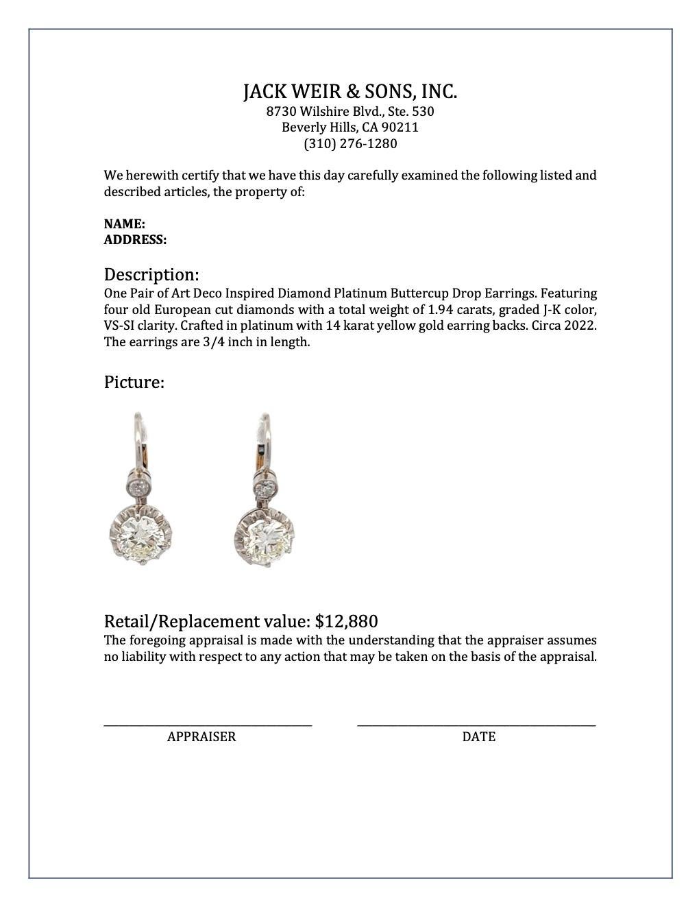 Art Deco Inspired Diamond Platinum Buttercup Drop Earrings 2