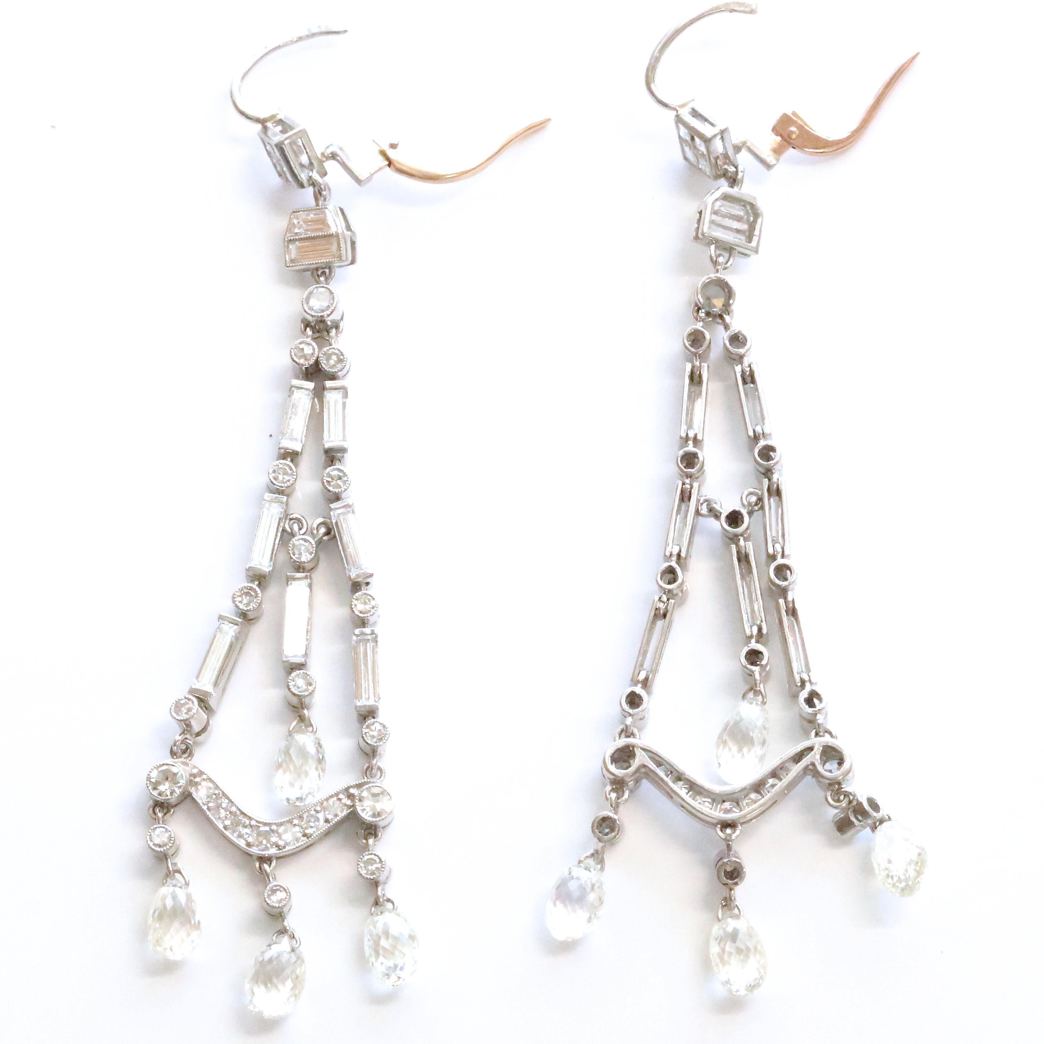 Briolette Cut Art Deco Inspired Diamond Platinum Chandelier Earrings