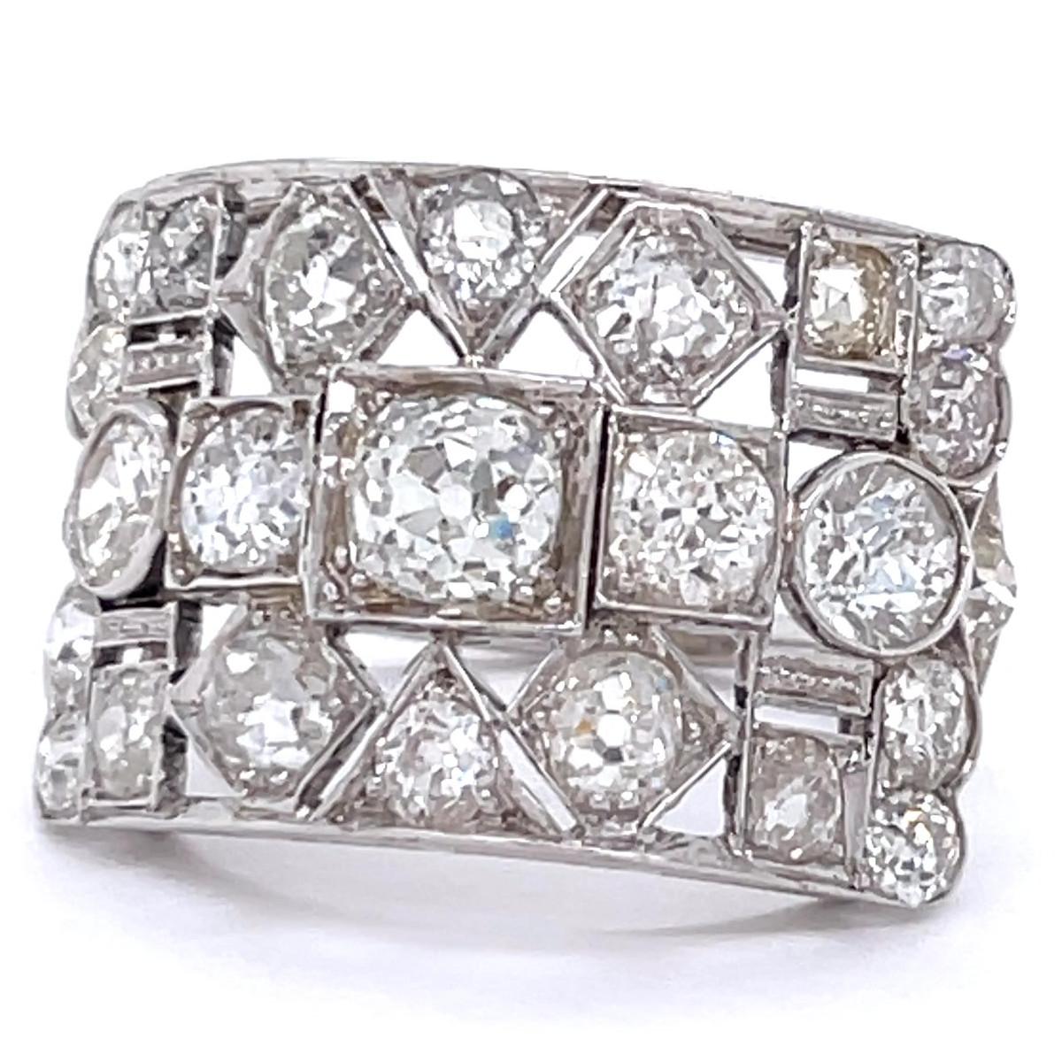 Women's or Men's Art Deco Inspired Diamond Platinum Checkerboard Ring