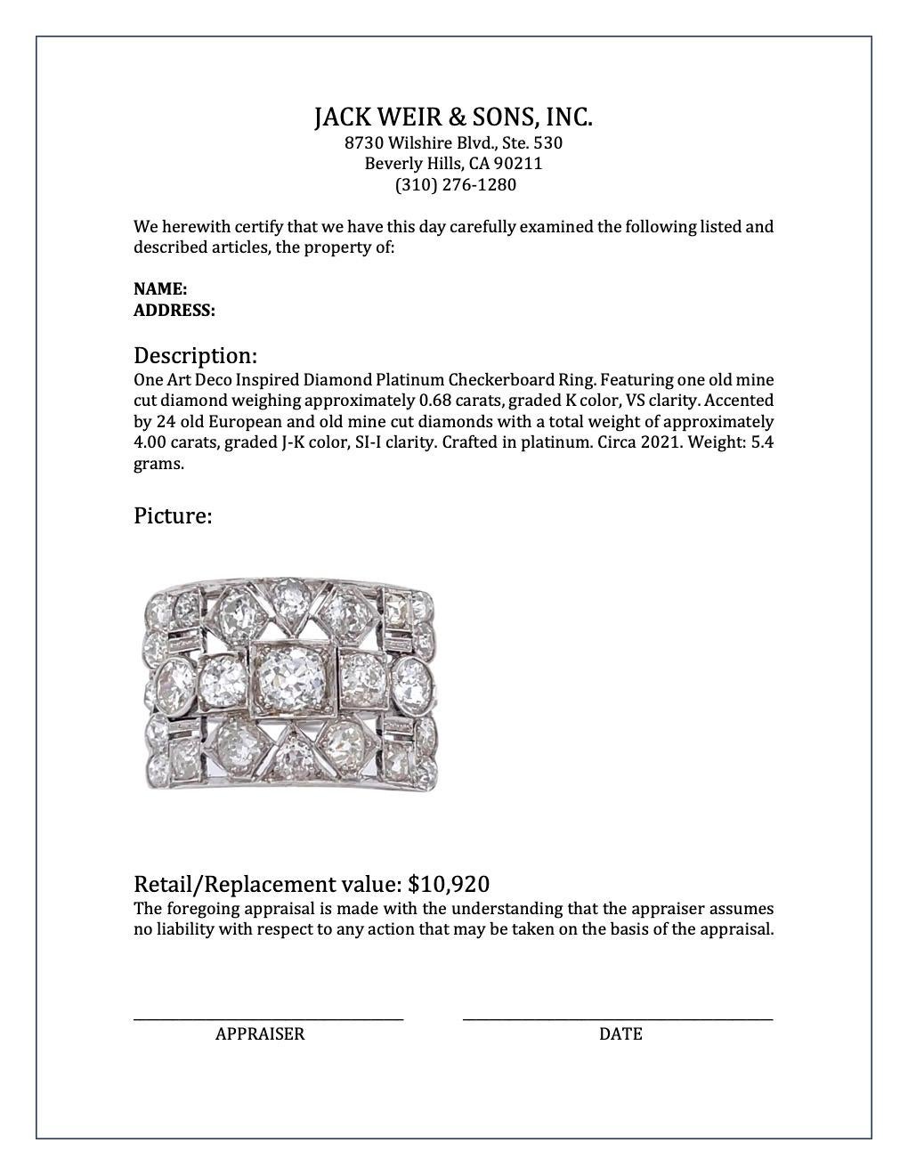 Art Deco Inspired Diamond Platinum Checkerboard Ring 2
