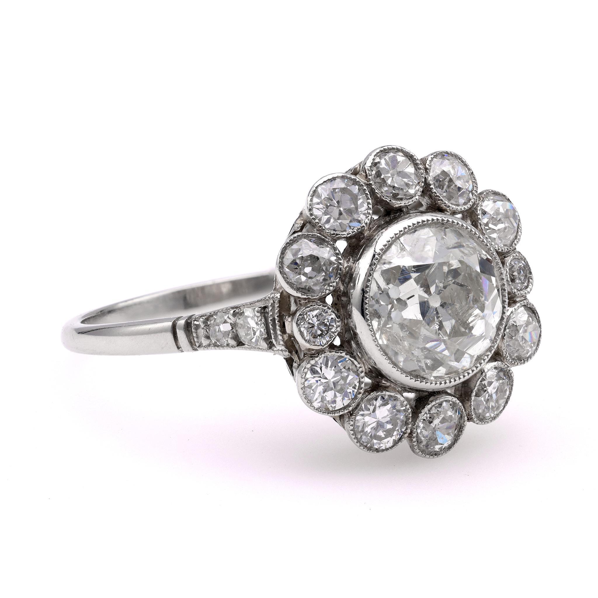 Old European Cut Art Deco Inspired Diamond Platinum Cluster Ring For Sale