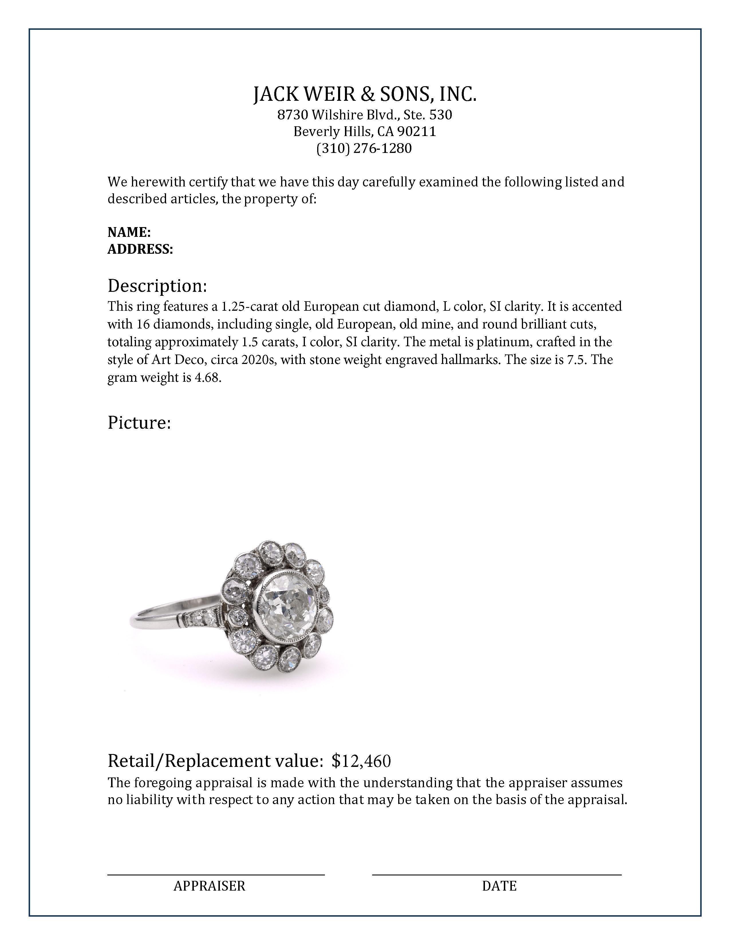 Art Deco Inspired Diamond Platinum Cluster Ring In Excellent Condition For Sale In Beverly Hills, CA