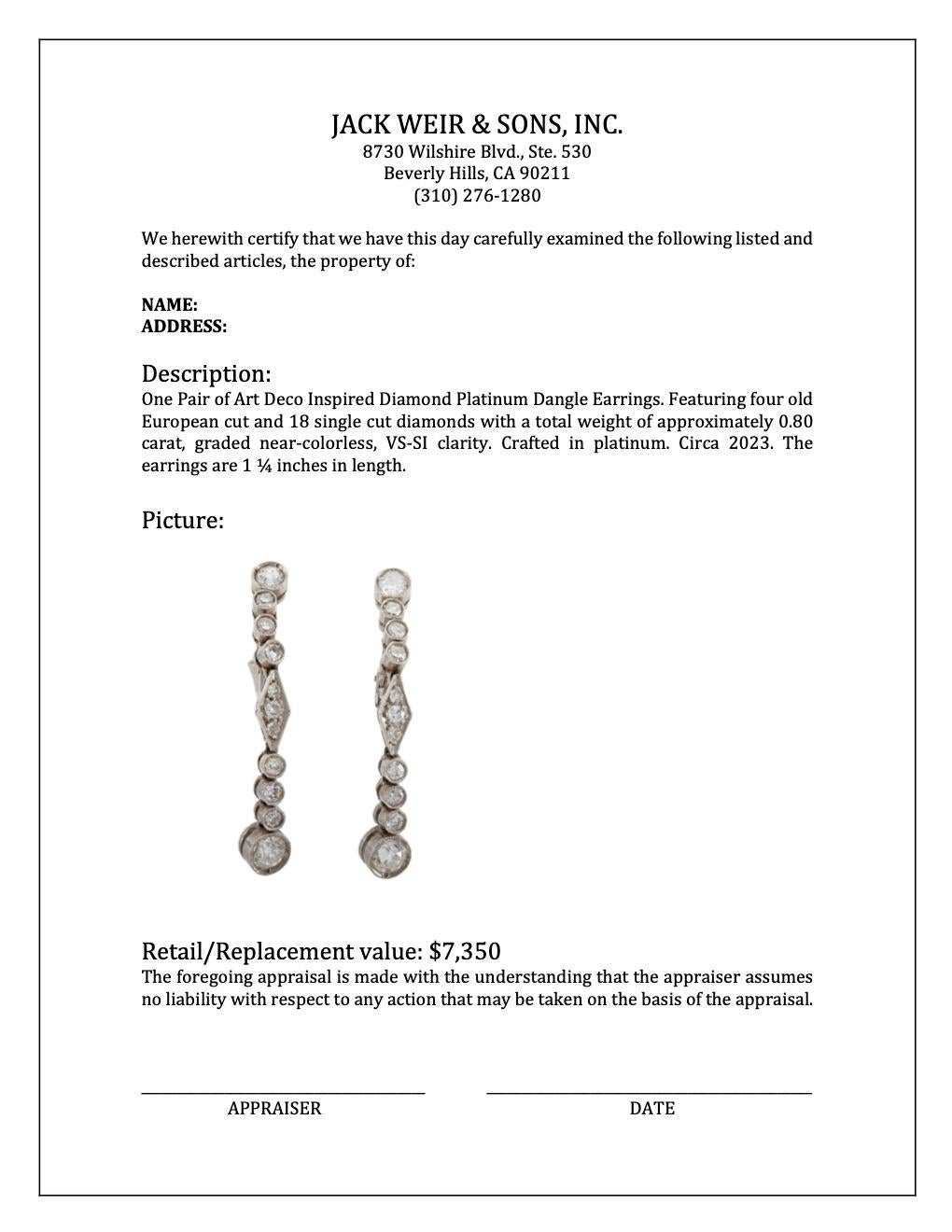 Art Deco Inspired Diamond Platinum Dangle Earrings For Sale 1