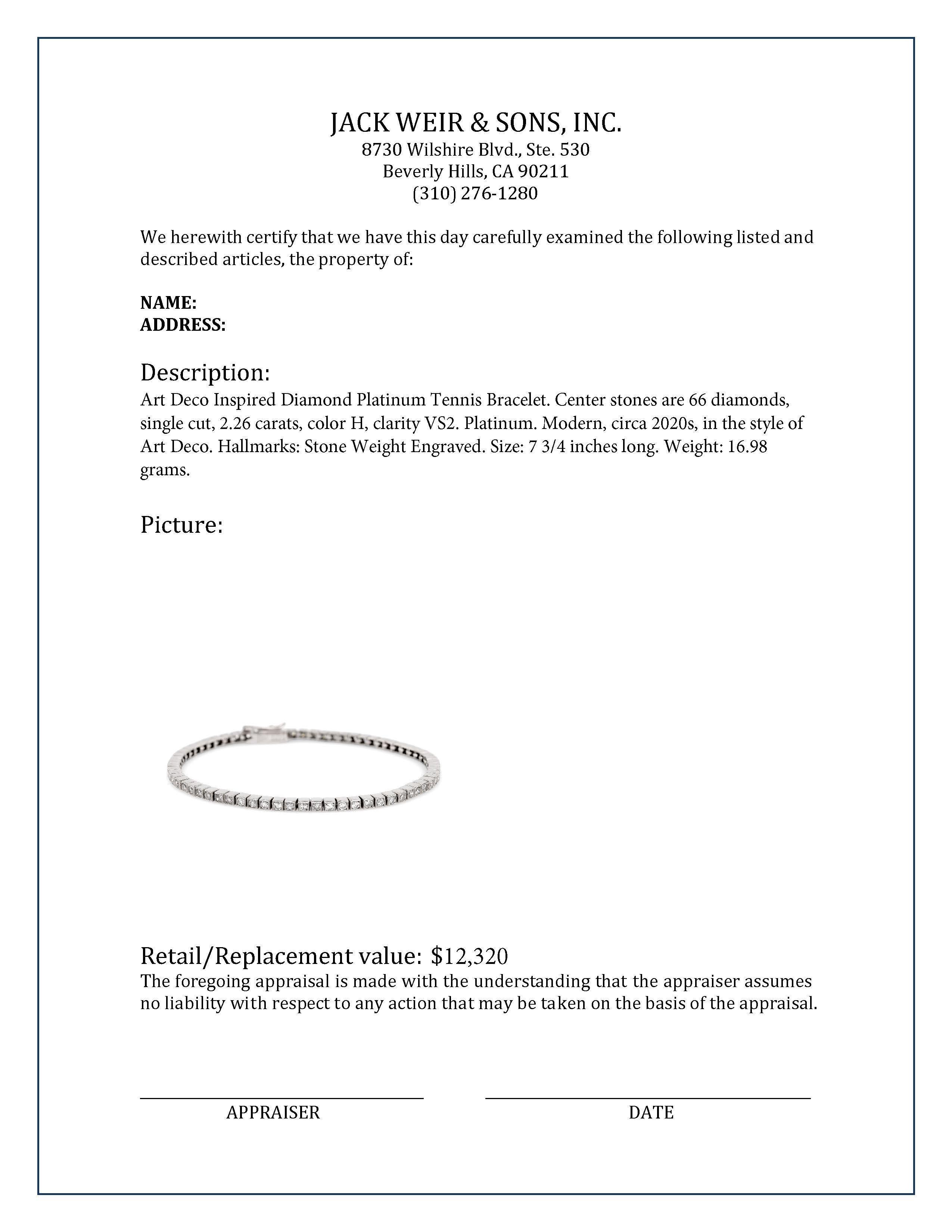 Women's or Men's Art Deco Inspired Diamond Platinum Tennis Bracelet For Sale