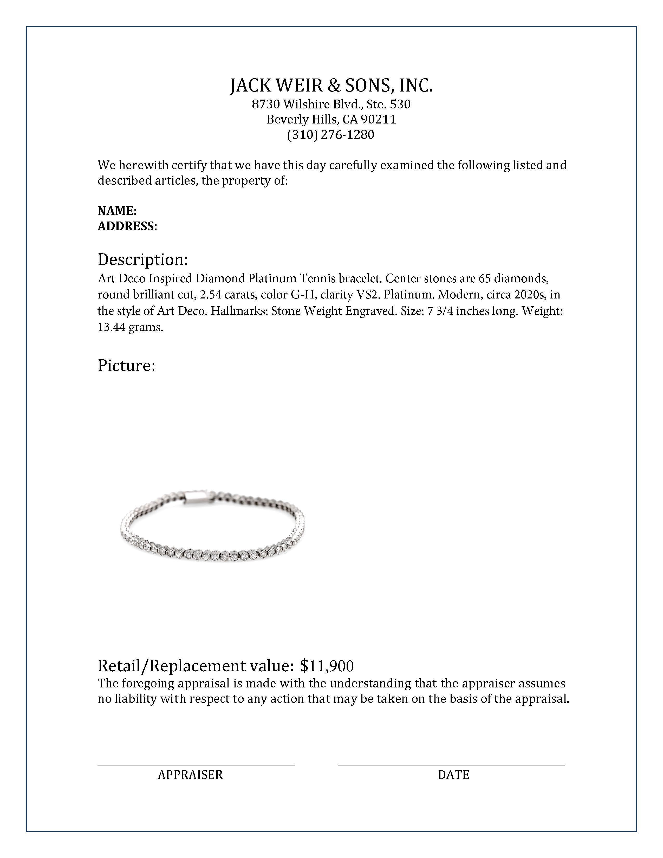 Bracciale tennis in platino con diamanti di ispirazione Art Deco In condizioni ottime in vendita a Beverly Hills, CA