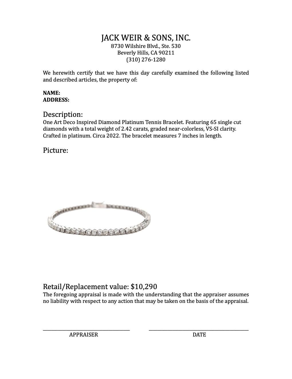 Art Deco Inspired Diamond Platinum Tennis Bracelet For Sale 2