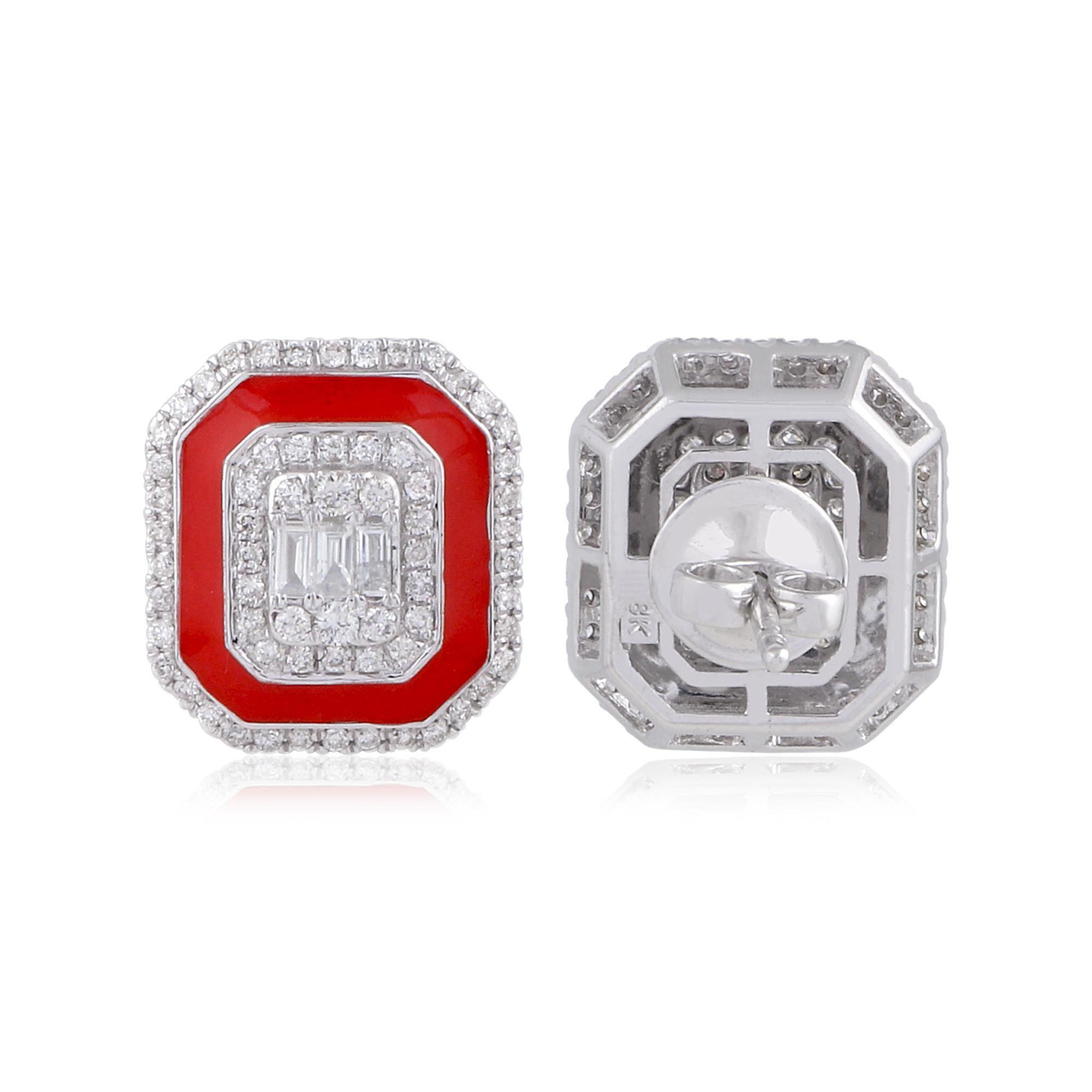 Mixed Cut Art Deco Inspired Diamond Red Halo Enamel Stud Earrings 18k Solid White Gold For Sale