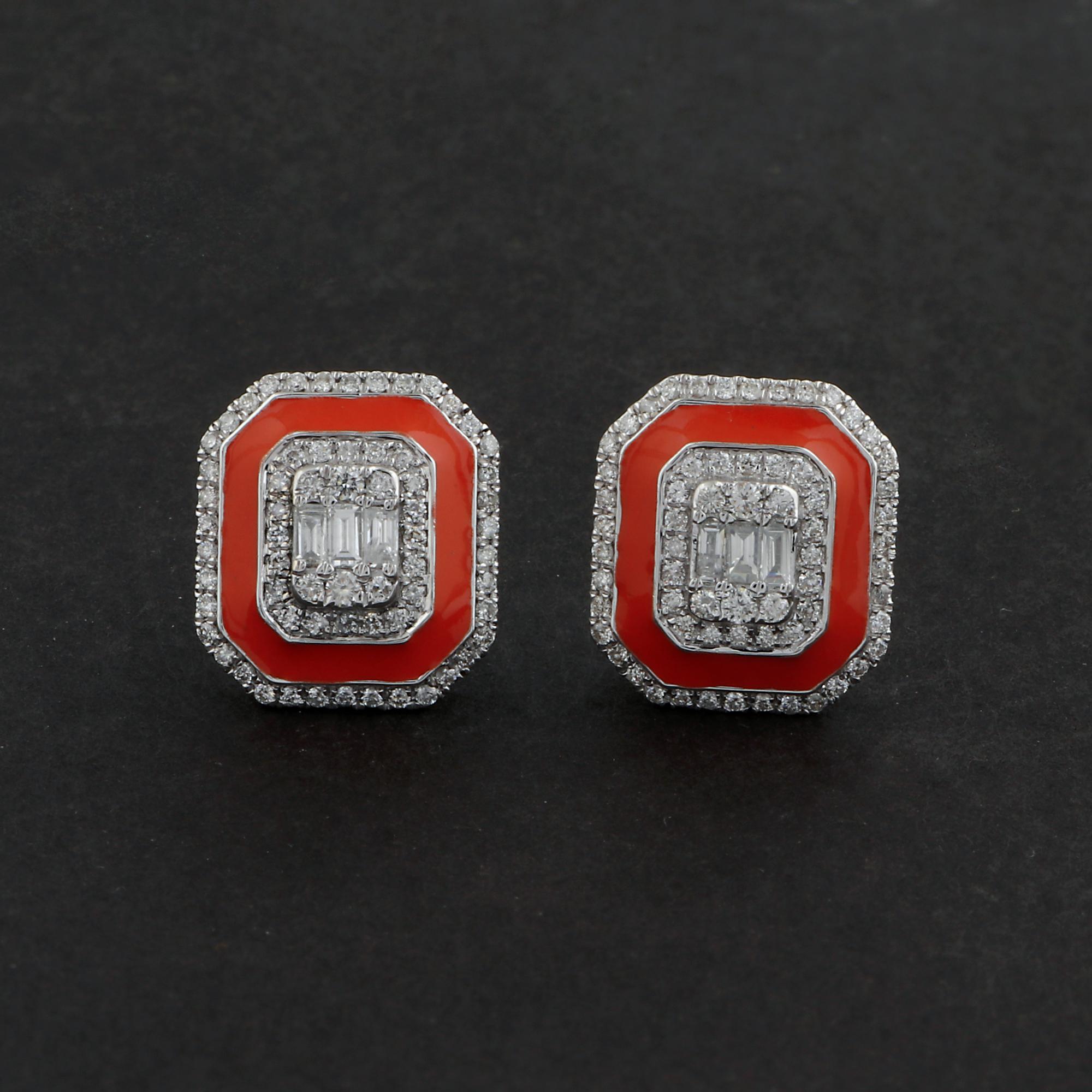 Art Deco Inspired Diamond Red Halo Enamel Stud Earrings 18k Solid White Gold In New Condition For Sale In Diera, Dubai