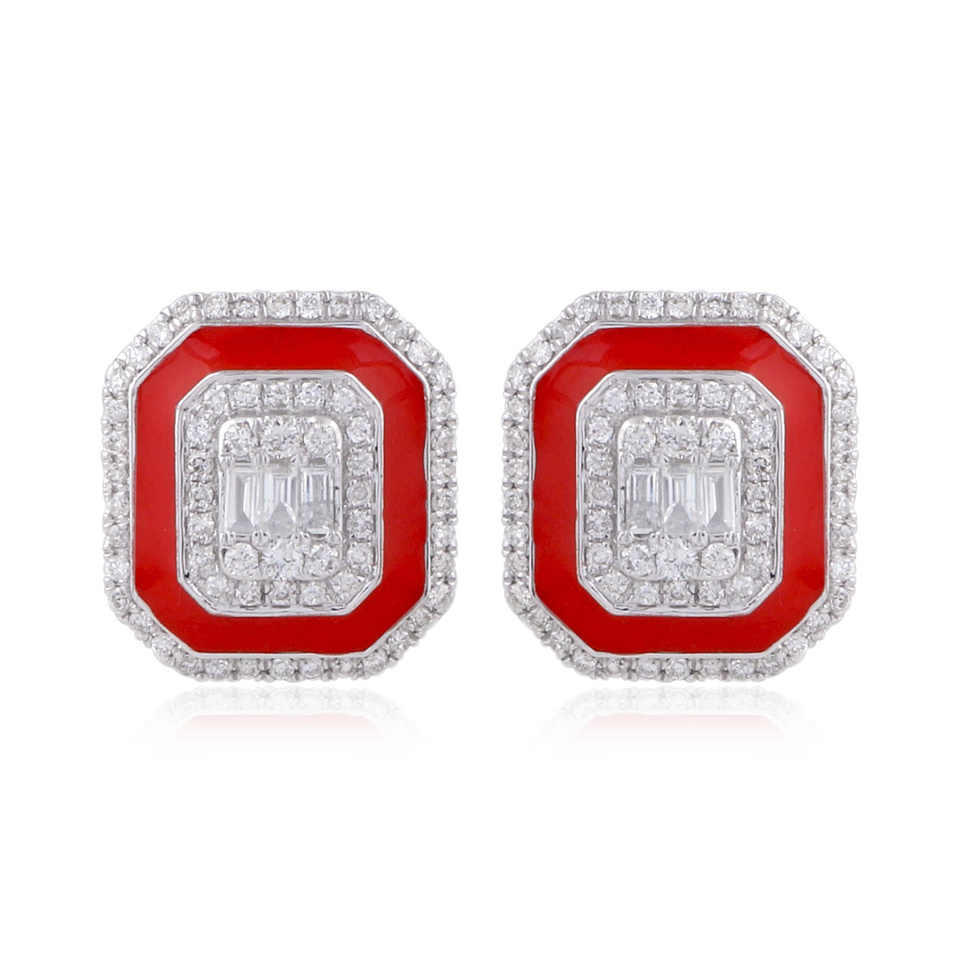 Women's Art Deco Inspired Diamond Red Halo Enamel Stud Earrings 18k Solid White Gold For Sale