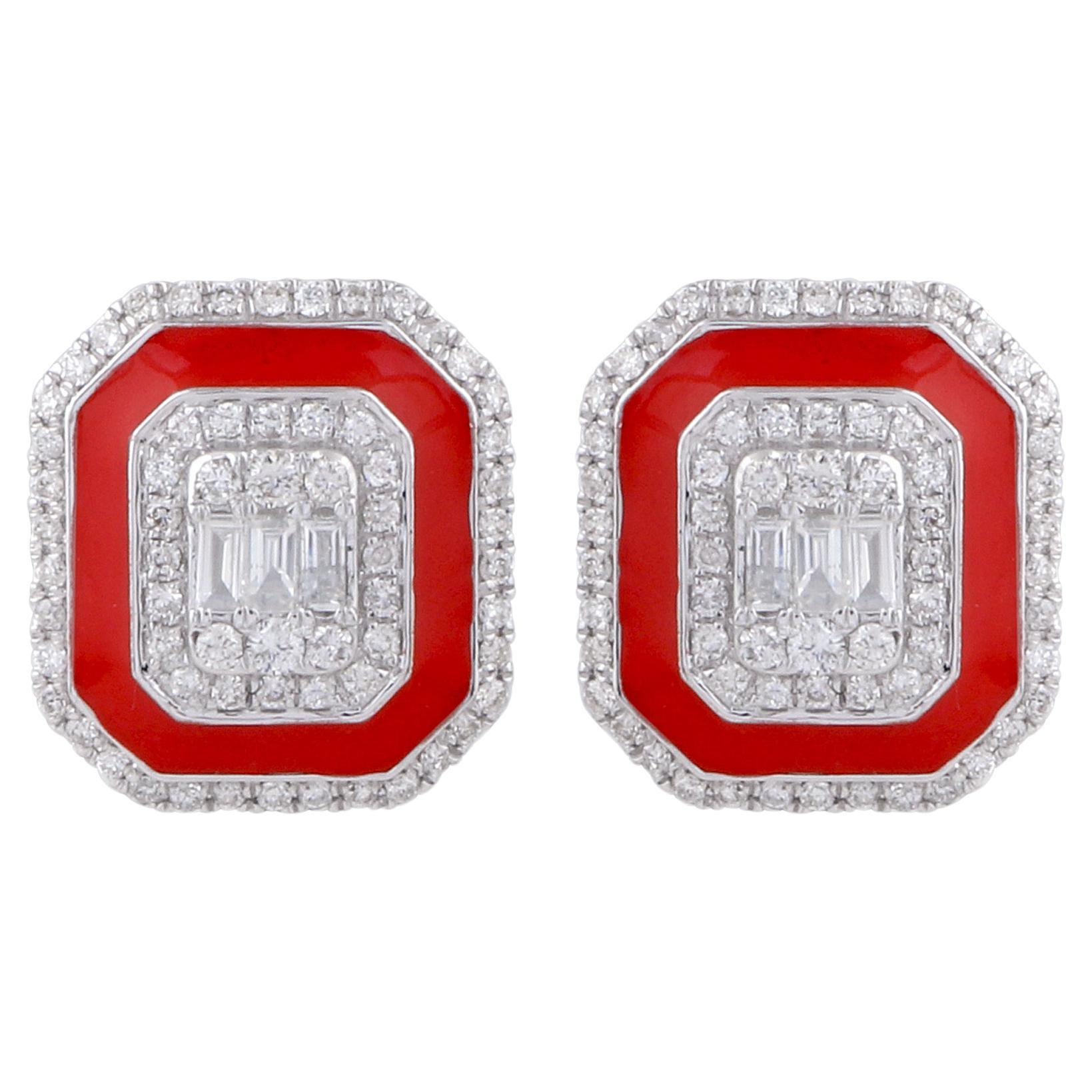Art Deco Inspired Diamond Red Halo Enamel Stud Earrings 18k Solid White Gold For Sale
