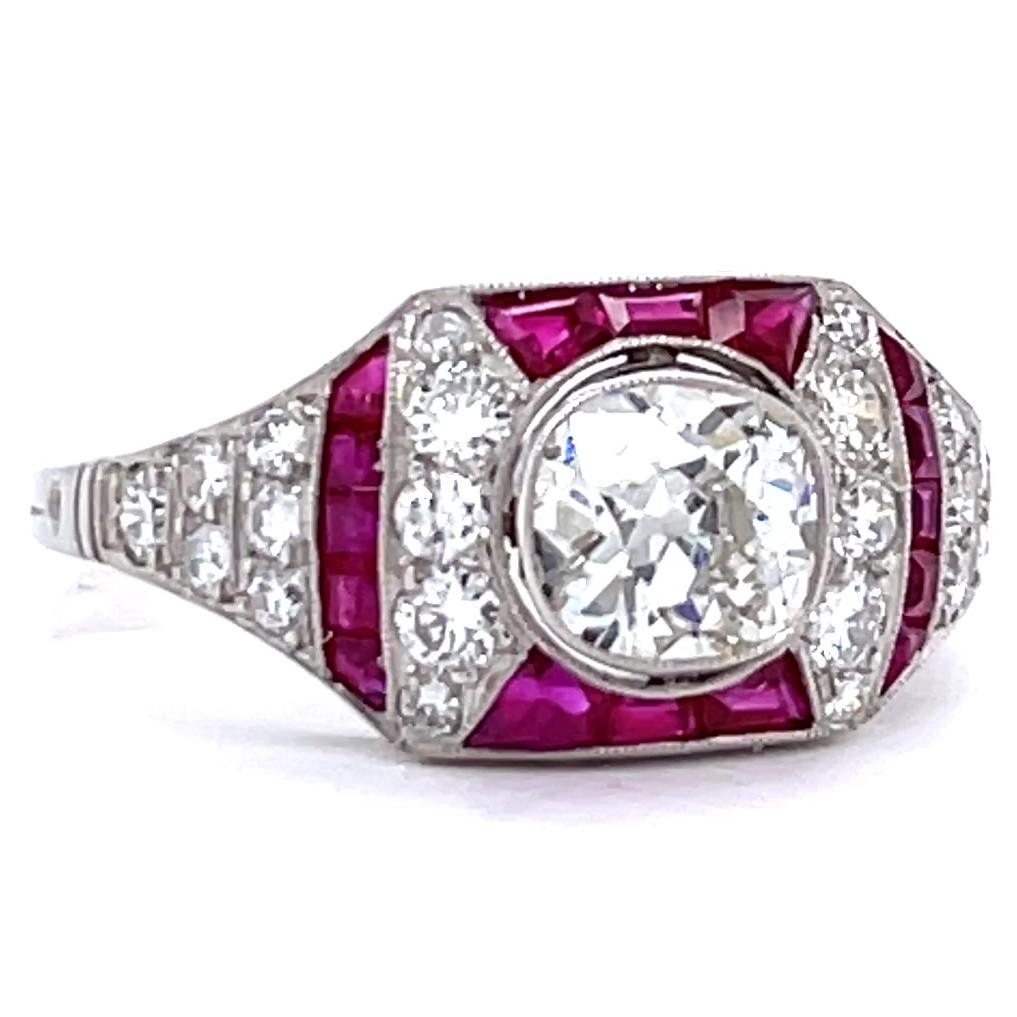 Art Deco Inspired Diamond Ruby Platinum Engagement Ring In New Condition In Beverly Hills, CA