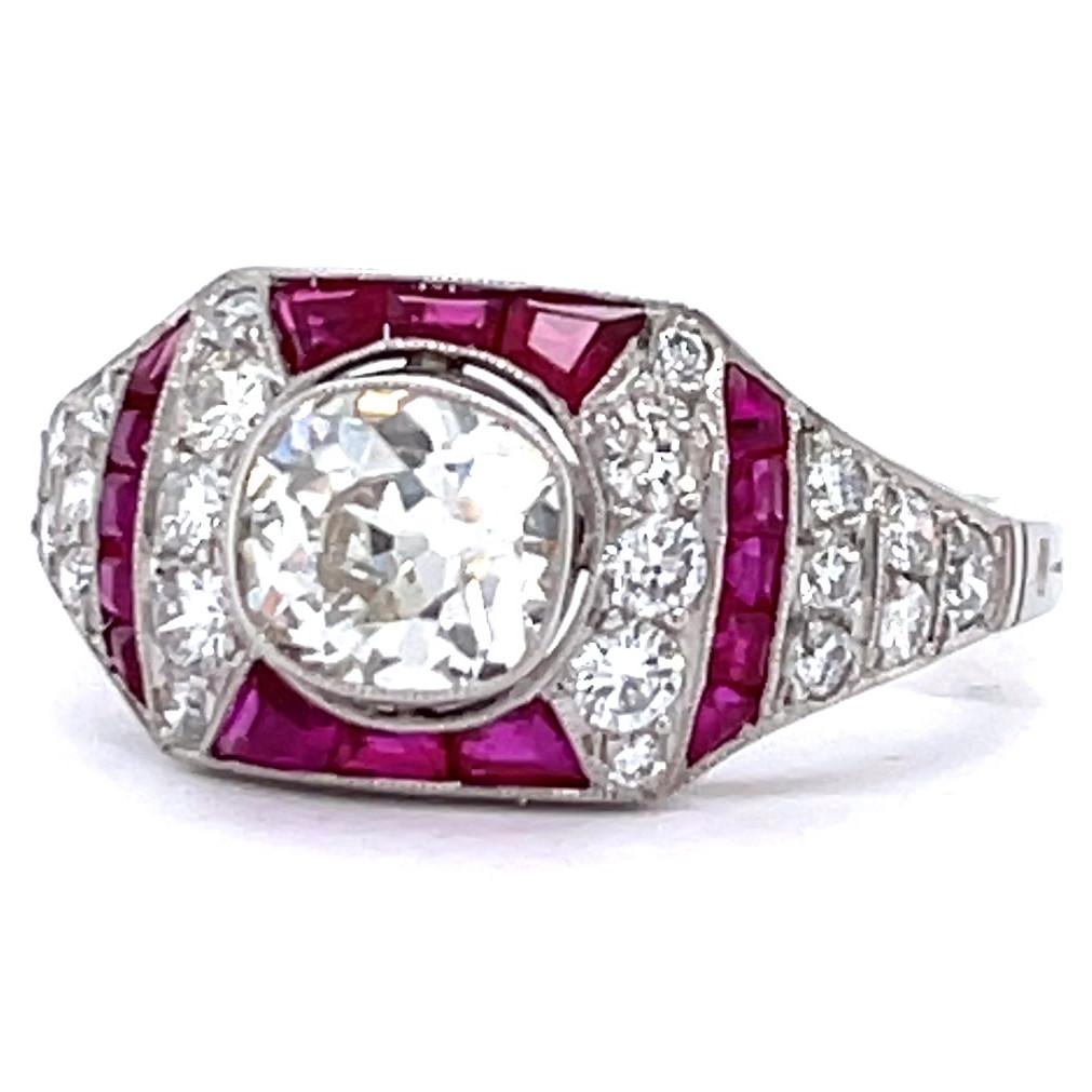 Women's or Men's Art Deco Inspired Diamond Ruby Platinum Engagement Ring