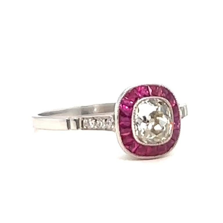 Women's or Men's Art Deco Inspired Diamond Ruby Platinum Engagement Ring For Sale